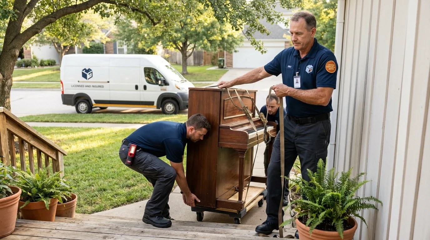 Licensed piano movers securing grand piano in Hyde Park, VT