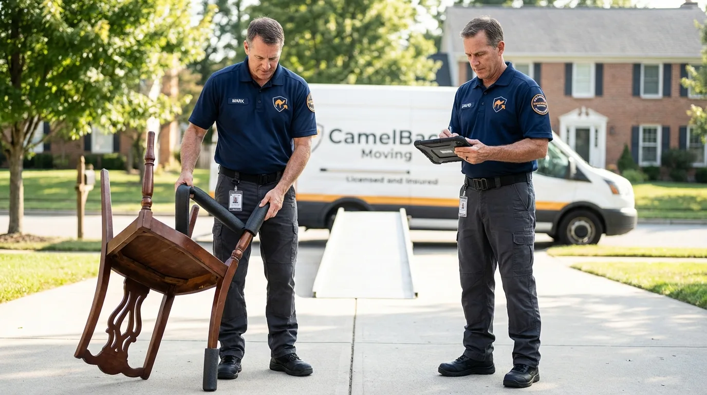 Movers inspecting furniture for damage prevention before loading in Hyde Park, VT