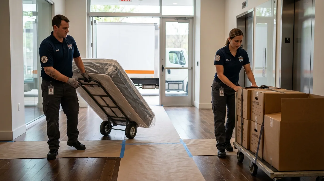 Professional apartment movers loading elevator in Hyde Park, VT