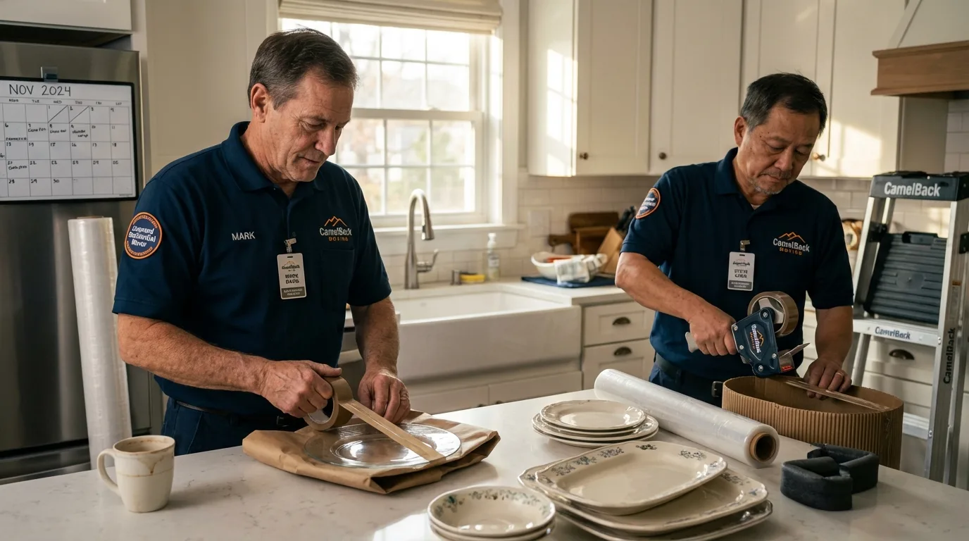 Professional crew packing kitchen dishware in Hyde Park, VT